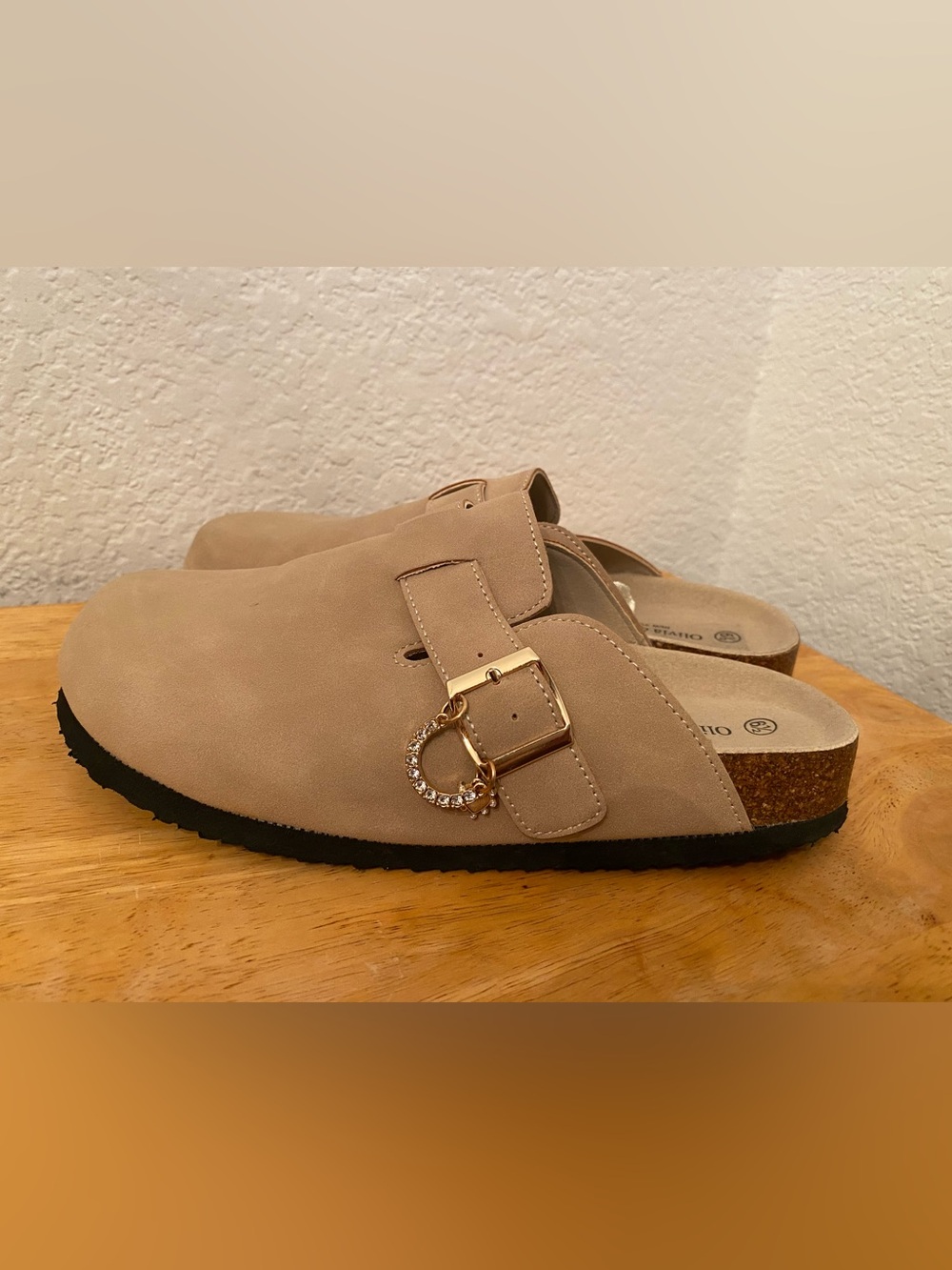 Taupe Slip-On Clog Mule with Decorative Gold Buckle